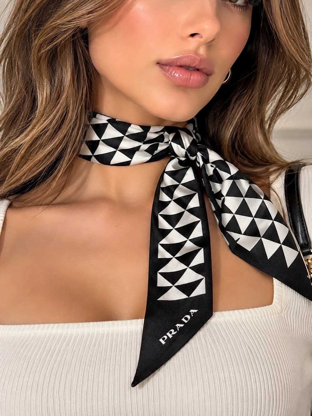 Prada Printed Silk Twill Skinny Scarf Black & White